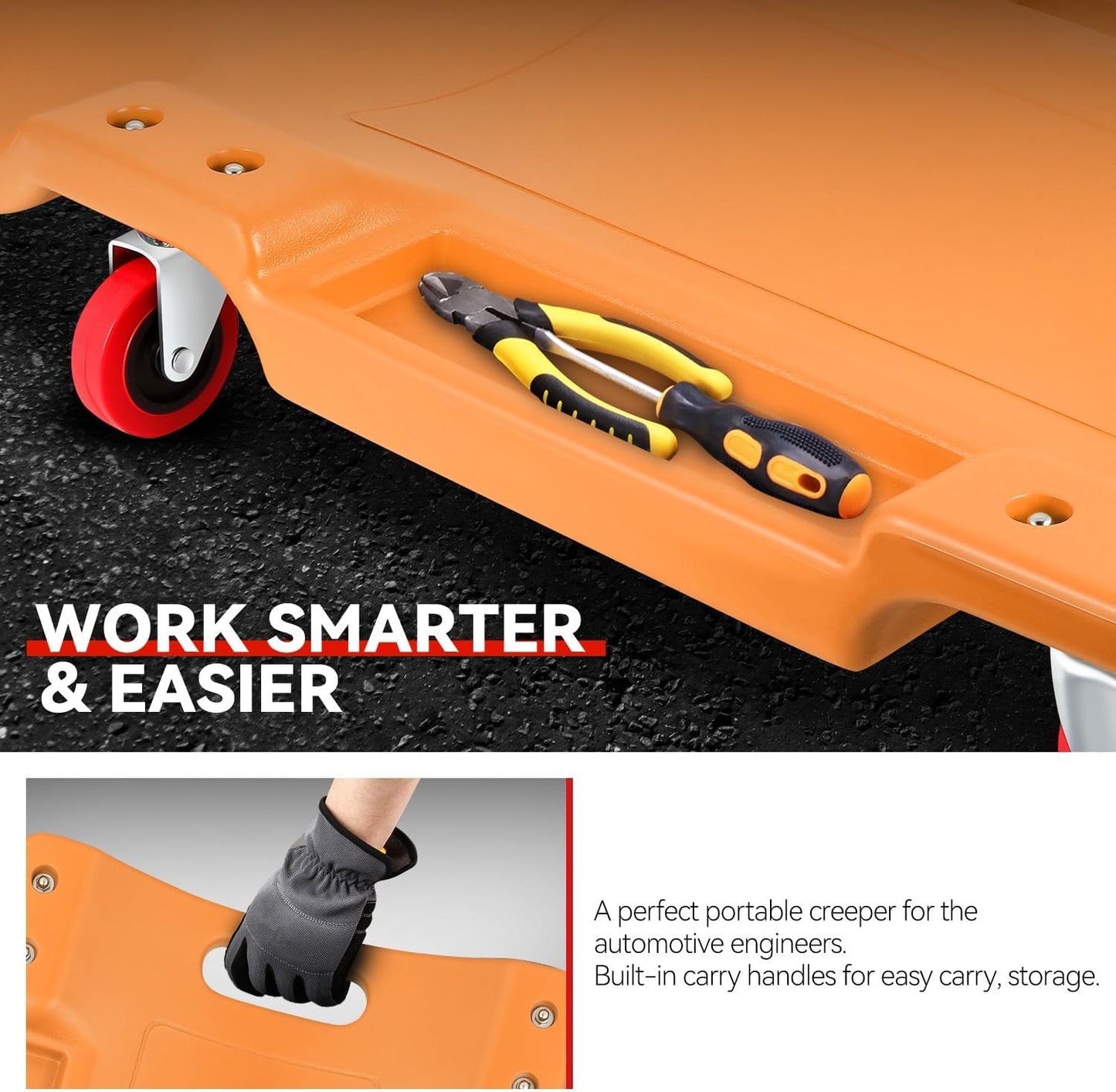 Auto Dynasty 36 Inches Mechanic Creeper, Automotive Garage Repair Low Profile Under Car Rolling Creeper with Padded Headrest, Plastic, Orange