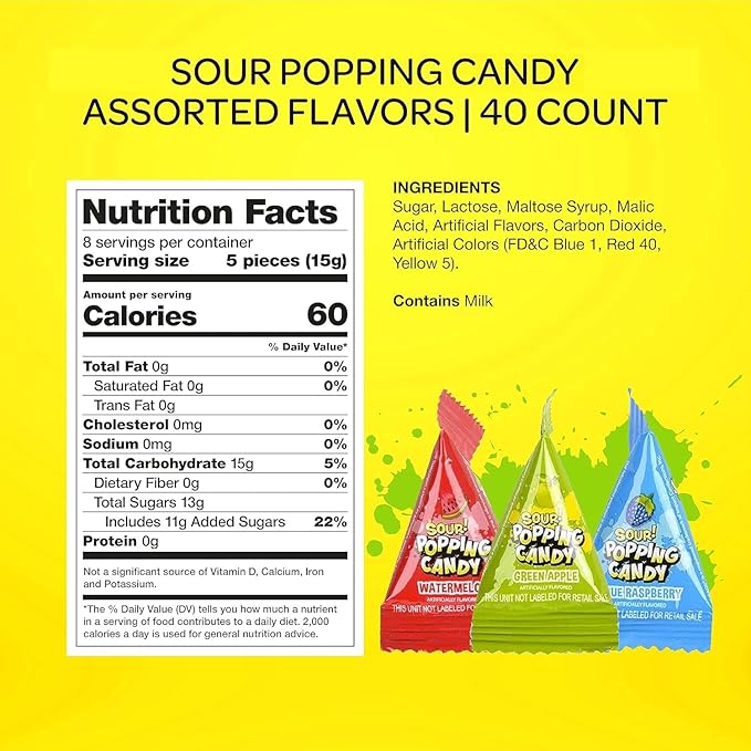 WarheadsSour Popping Rocks - 40 Count Bag - Sour Popping Halloween Candy Individually Wrapped - Assorted Fruit Flavors - Triangle Pouches - Blue Raspberry, Watermelon, Green Apple