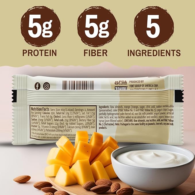 ToYou Chewy Fruit and Nut Bars - Healthy Protein Snacks | Mango Yogurt - 1.41 Ounce (Pack of 12) | Soft Chewy, Fiber-packed Granola Bars for Adults and Kids, Made with Natural Ingredients