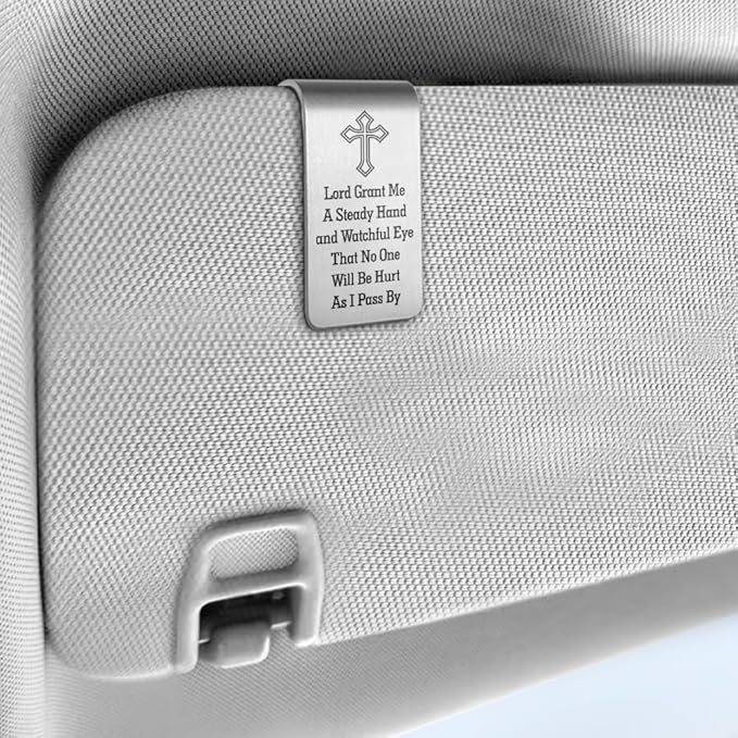 Lord Grant Me A Steady Hand and Watchful Eye Engraved Stainless Steel Car Visor Clip, Travels Visor Car Accessories for Women Men, Safe Driving Religious Gifts for Family Friend Driver