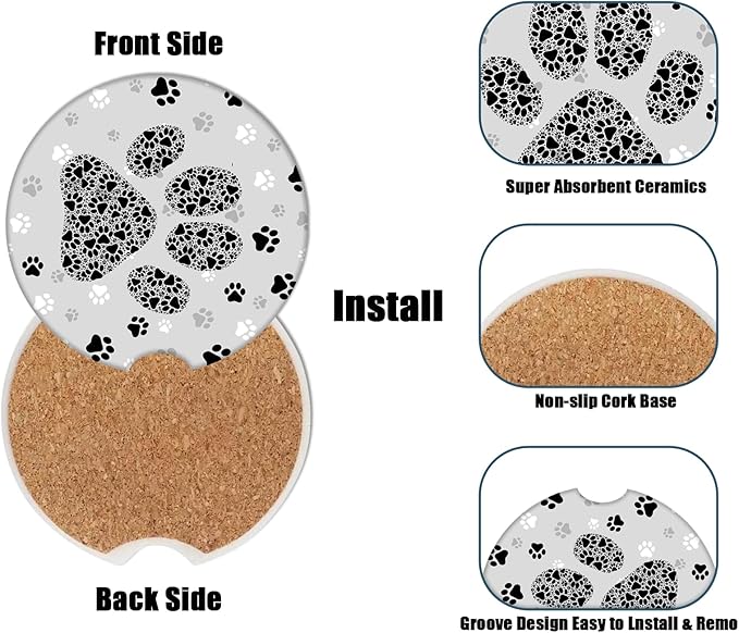 Car Cup Holder Coaster - Black and Gray Paws Absorbent Ceramic Coaster, Car Coasters for Cup Holders, Auto Accessories for Women & Men, Pack of 2
