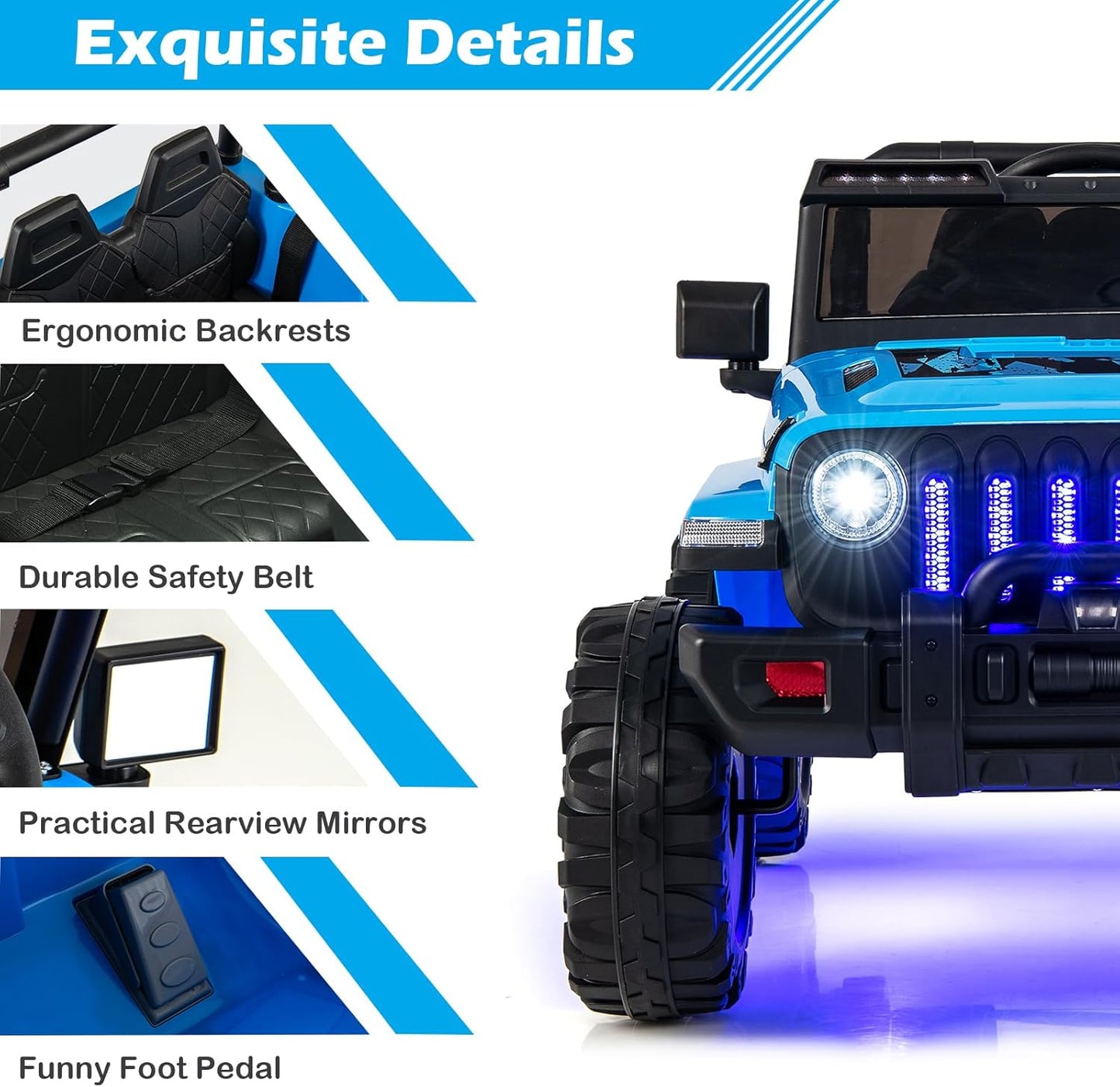 INFANS Kids Ride on Car Truck with 2.4G Remote Control, 12V Battery Powered Electric Cars for Kids w/3 Speeds, Battery Display, LED Lights, Safety Belt, Music & Horn, Bluetooth/FM/USB (Blue)