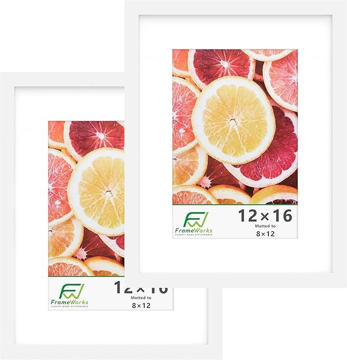 FrameWorks 2-Pack, 12x16 Matted to 8x12 Picture Frame, White ??Classic Wooden Photo Frame with Tempered Glass, Modern Matte Finish for Prints, Posters, Certificates & Wall Decor ??Gallery-Ready