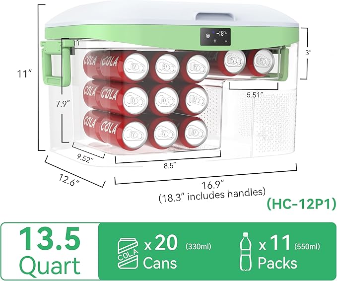 12 Volt Refrigerator Portable Car Freezer 13.5 Quart (12.8 Liter) Compressor Cooler 12V/24V DC 110～240 Volt AC for Truck Van RV Camper SUV Boat Travel Camping Road Trips Tailgating -18℃~+15℃