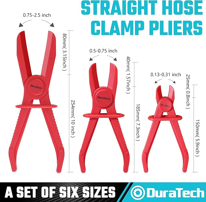 DURATECH 6-Piece Hose Clamp Pliers, Straight & 90 Angled Hose Pinch Off Pliers, Line Clamp Pliers Set for Flexible Hoses, Fuel Hoses, Gas Lines, Brake Hoses and Radiator Hoses