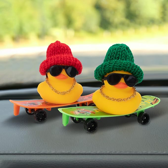 wonuu Car Duck Ornament Rubber Duck Car Dashboard Decoration for Car Dashboard Decoration Accessories with Mini Hat, Necklace, Sunglasses, Chair or Skateboard
