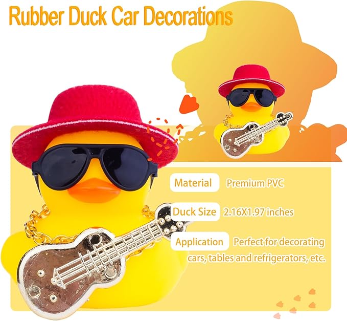Car Rubber Duck Ornaments Yellow Duck Car Dashboard Decorations with Mini Top Hat Guitar Sunglasses Necklace(G4)