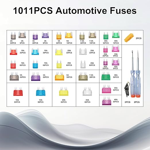 1011-Piece Universal Zinc Flake Car Fuse Set - 410 Standard, 410 Mini & 185 Micro Fuses (2A-40A), with 2 Removal Tools, 2 Testers & 2 Clips - Compatible with Cars, Trucks, RVs, Boats etc.