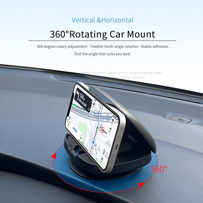 Phone Mount for Car, 360° Rotatable Dashboard Horizontal & Vertical Viewing Cell Phone Holder, Washable Reusable Car Phone Mount，for Mobile Phones