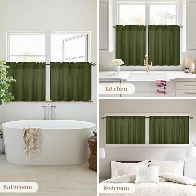 HOMEIDEAS Non-See-Through Olive Green Privacy Sheer Kitchen Curtains, 30 X 24 Inches Long 2 Panels Sheer Curtains Light Filtering Window Drapes for Bedroom Living Room