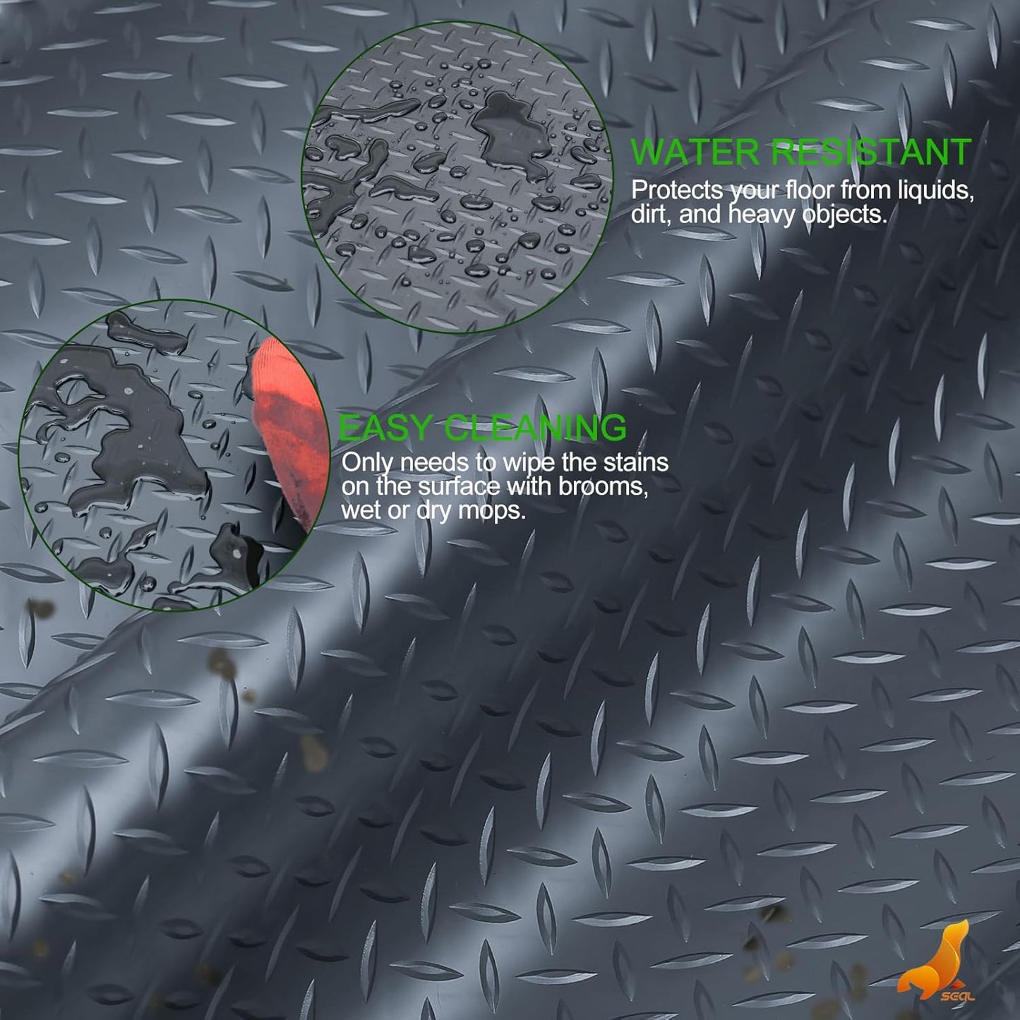 SEAL 4 x 15 Ft Premium Garage Floor Mat, Solid 2.8mm Thick Gray Commercial Grade Heavy Duty Parking Mat for Garage Floor, Golf Cart Parking, Water/Stain Resistant Floor Runner (Embossed Diamond Plate)