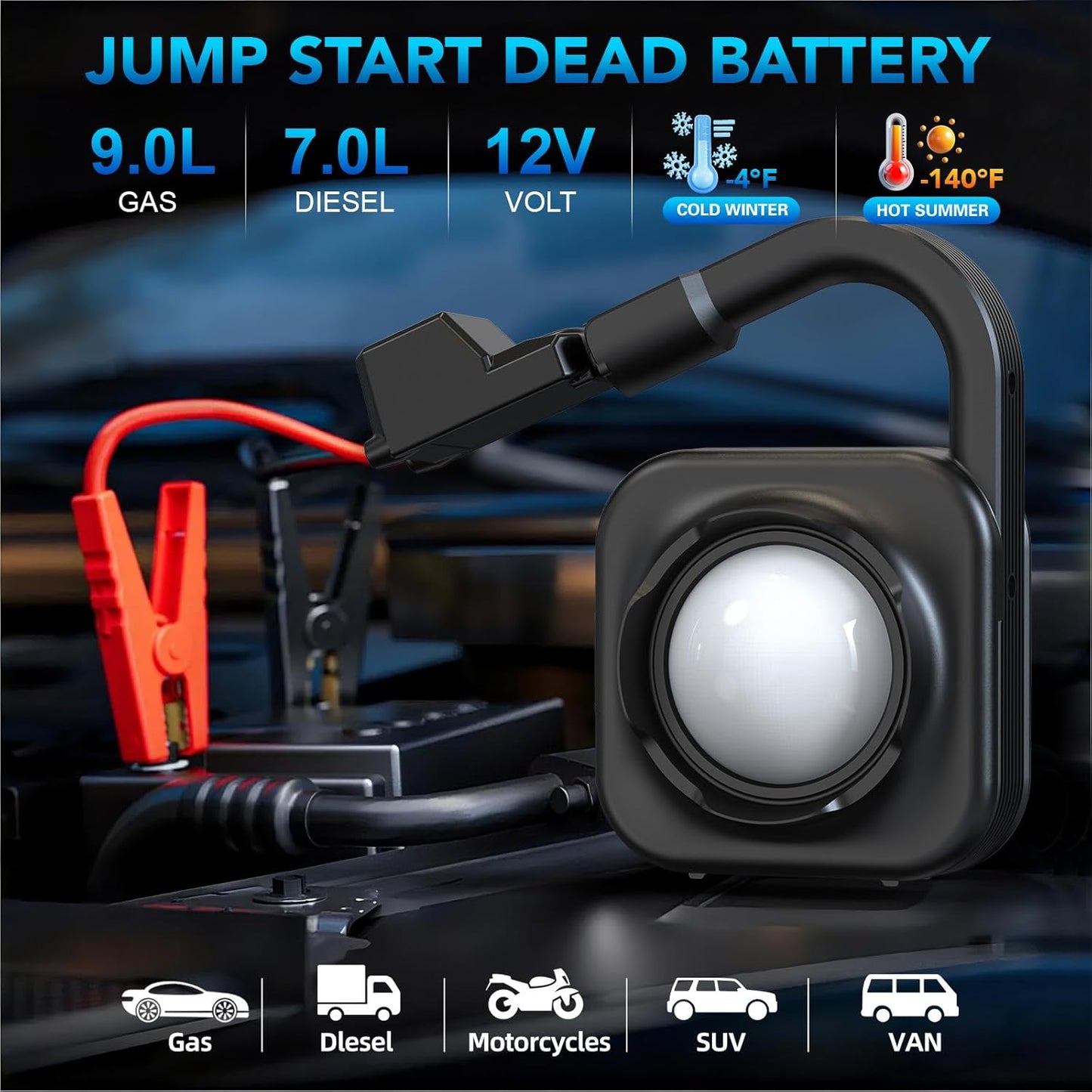 Portable Car Jump Starter with Camp Light, 2000A Peak, Ultrasafe 12V Battery, 8000mAh, for 9L Gas/7L Diesel Engines, Dead Battery Booster, USB Output Power Bank