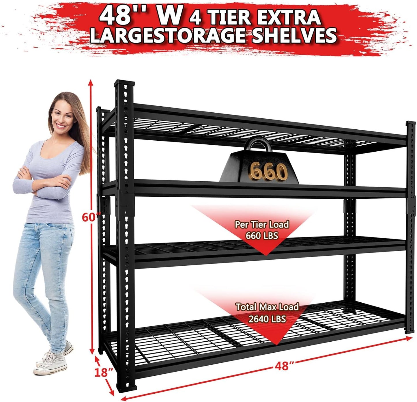 Storage Shelves 4PCS, Garage Shelving Heavy Duty 2640LBS Capacity, 48"L x 18"W x 60"H Adjustable Metal Shelving Organizer Wire Rack, 4 Tier Utility Shelf Unit for Pantry Closet Warehouse Organization