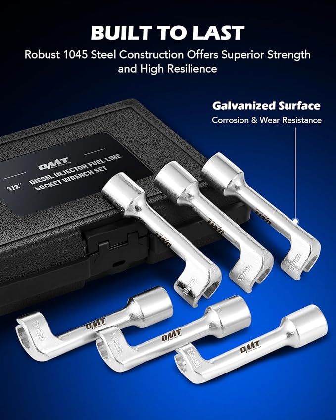Orion Motor Tech 1/2" Dr Diesel Injector Socket Wrench Set, 6pc 12pt Diesel Fuel Socket Set with 12 14 16 17 18 19mm Wrenches, L-Type Diesel Mechanic Tool for Dismantling Fuel Line with Case