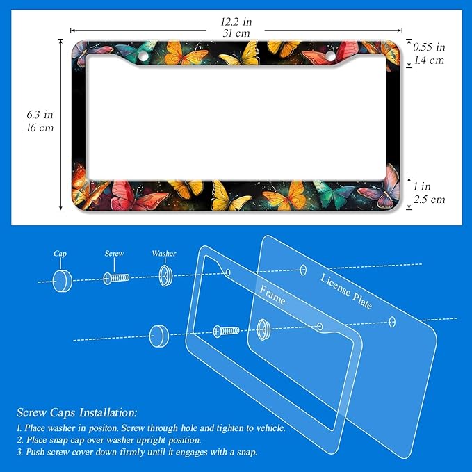 2PCS Beautiful Butterfly Pattern License Plate Frames for Men Women - Universal Aluminum Stainless Steel Personalized Car Tag Covers Holder with Screws, Caps, Rattle Proof Pads and Handlebar Stickers