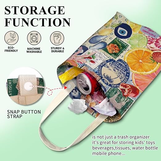 Car Trash Can, Cute Car Trash Bag, Hanging Car Organizer and Storage Bag, Trash Bin for Car Accessories, Vehicle, Travelling, Camping Colorful Fruit Collage
