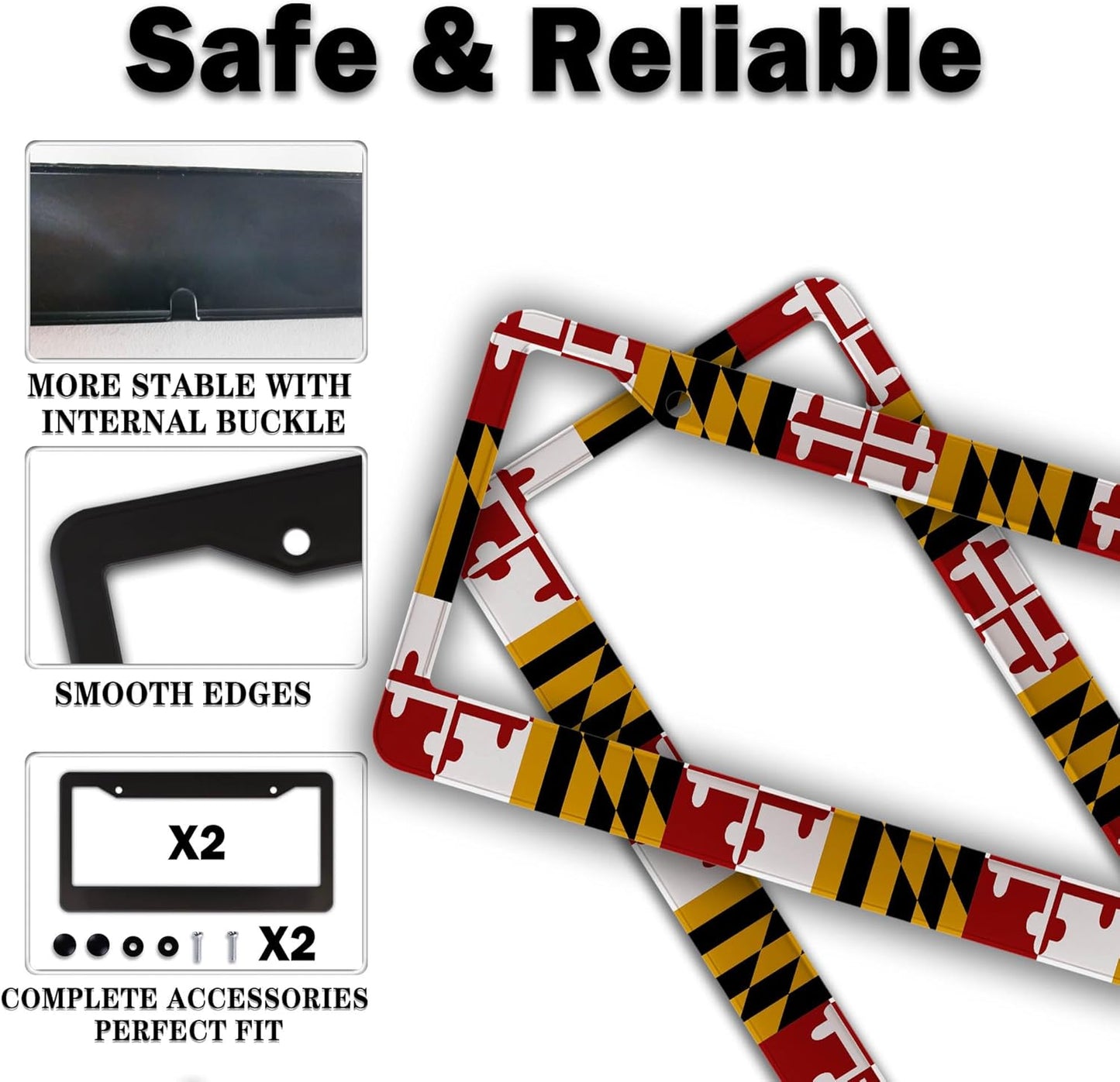 Front License Plate Bracket Multicolor License Plate Frames Flag of Maryland Universal Aluminum Car Accessory 2 Pack with Screw Covers Set
