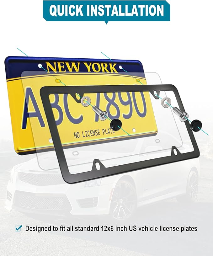 Clear License Plate Frames Covers- 2 Pack Flat Car Tag Protector and Black Aluminum Holder, Road Legal Unbreakable Acrylic Protective Shield with Screws Caps for Front Rear