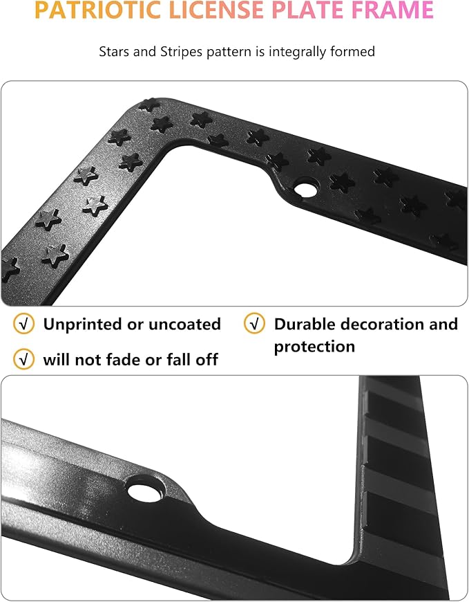 American Flag License Plate Frames - 2 Pack Black Patriotic USA Car Tag Frame, Raised 3D Stars & Stripes Plastic Holder with 3D Metal Decals