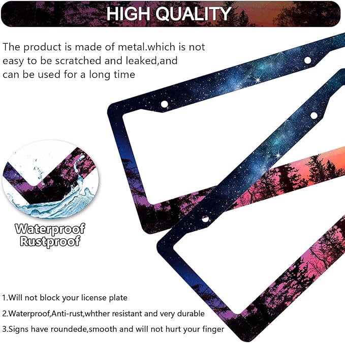 Galaxy Forest License Plate Frame - 2 PCS Colorful Galaxy Starry Sky Aluminum Metal Funny License Plate Frames Holder Covers, Rust-Proof Waterproof Car Decorative Tag Frames for Standard Us 12x6 Inch