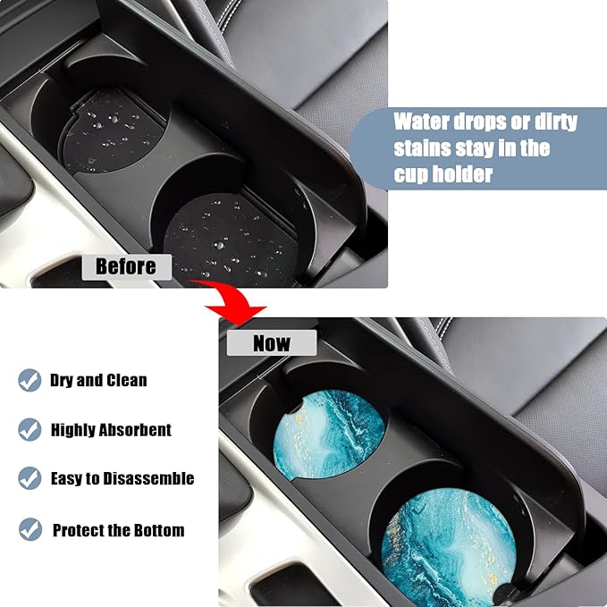 Car Cup Holder Coaster - Blue Sea Marble Absorbent Ceramic Coaster, Car Coasters for Cup Holders, Auto Accessories for Women & Men, Pack of 2