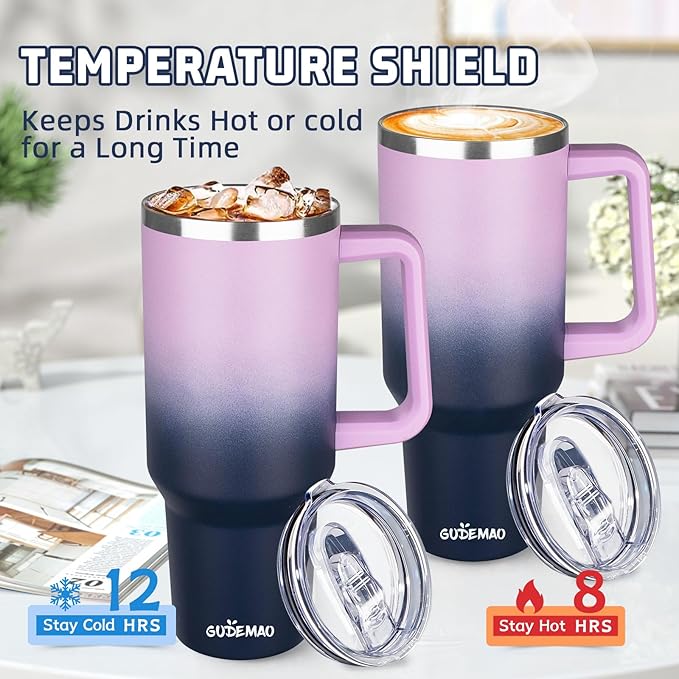 40 oz Insulated Coffee Mug with Ceramic Coating, Stainless Steel Travel Mug Tumbler with Handle Lid and Straw, Double Wall Leak-Proof Coffee Travel Mug Keeps Drink Hot and Cold (Purple Navy)