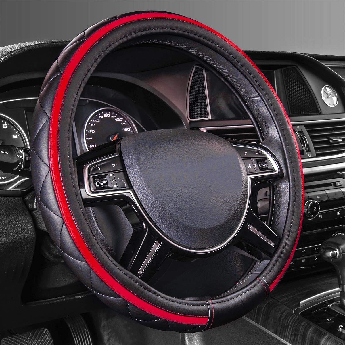 CAR PASS Sporty Quilting Leather Universal Fit Steering Wheel Cover,Fit for Suvs,Vans,Sedans,Trucks for 14.7" to 15" (Black & Red)