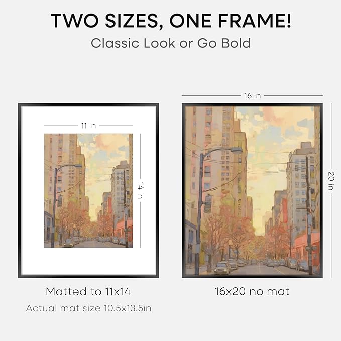 Homeforia 16 x 20 Picture Frame Black, High End Metal 11x14 Matted for 16x20 Frame, 16 x 20 Black Poster Frame with Mat 11 x 14 inch Photo, 20x16 Thin Hanging Frame, Tempered Glass, Wall Kit, Set of 4