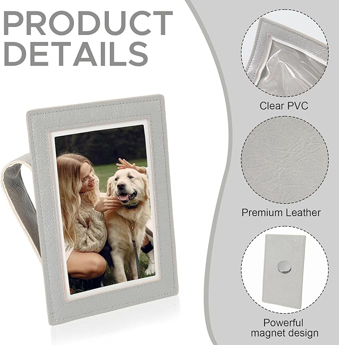 KINIVA 2 Pack Car Picture Holder - Magnetic Faux Leather Picture Frame for Safe Driving - Gift for Dad Mom Husband Wife Car Visor Accessories, Car Accessory (Fits 2.5"x3.5" Photos) (Grey)