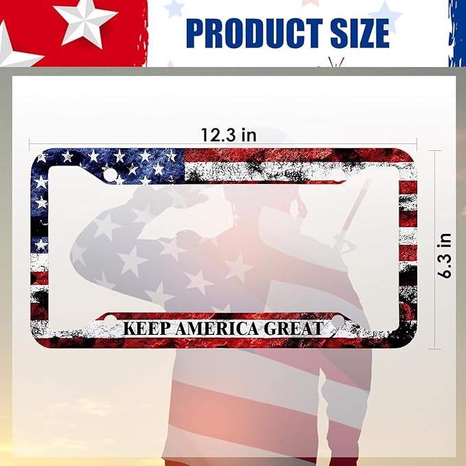 American Flag License Plate Frame Holder, 2 Pack KAG Patriotic USA Flag License Plates, Aluminum Metal License Plate Holder Covers for US Standard Vehicles with 4 Holes 4 Screws