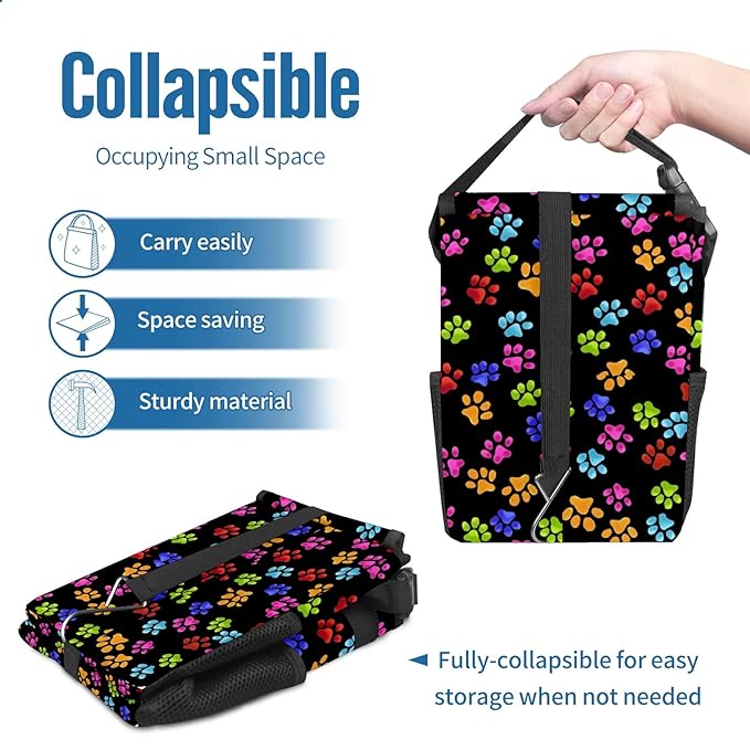 Paws Cat & Dog Print Trash Can with Lid - Collapsible, Reusable, Waterproof Car Garbage Can, Interior Car Organizer