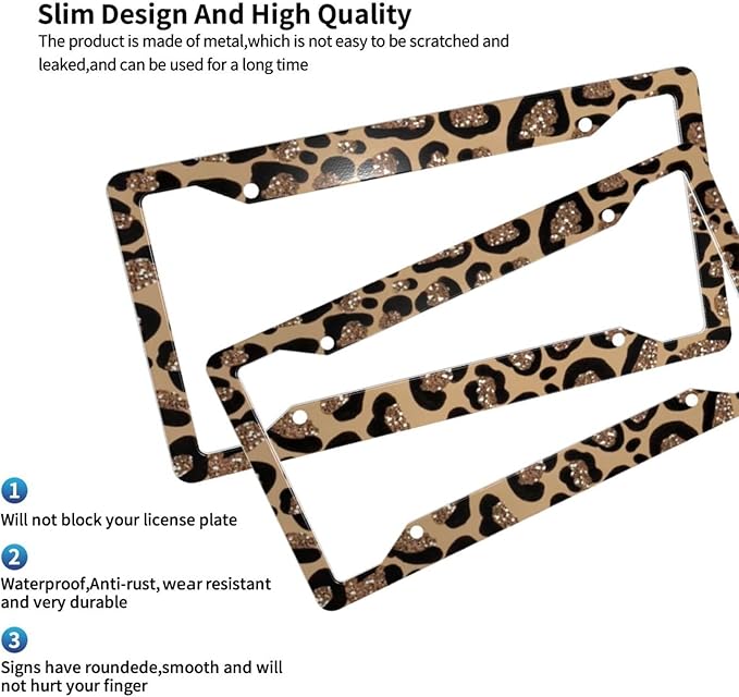 License Plate Frame 2 Pack Front Rear Aluminum Metal Rust-Proof Universal Car Tag Frames Holder with 4 Holes Car Decor Accessory with Screws for Men Women - Vintage Brown Gold Leopard