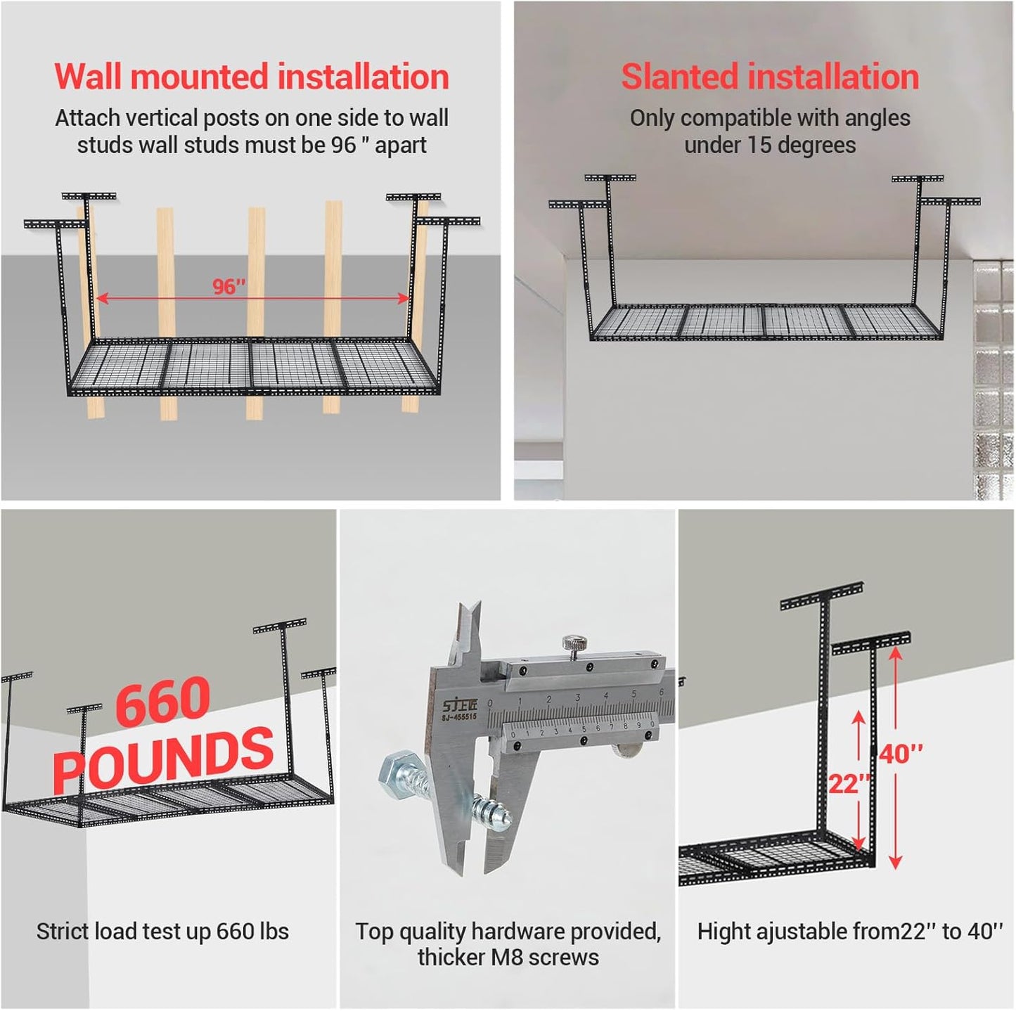 4x8 FT Overhead Garage Storage Rack, Steel Ceiling Storage Rack for Garage, Height Adjustable 22''-40", Heavy Duty 330 lbs Weight Capacity Storage Organizer System, for Basement Warehouse