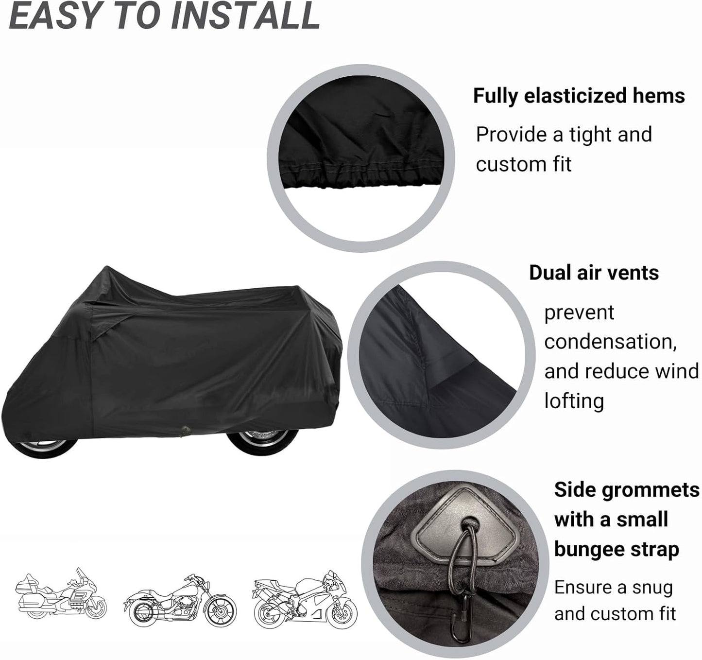Deluxe Motorcycle Cover, Waterproof All Weather Outdoor Protection Universal Motorcycle Cover, Fade & Tear Proof Polyester fits Motorbike Scooter up to 80" L
