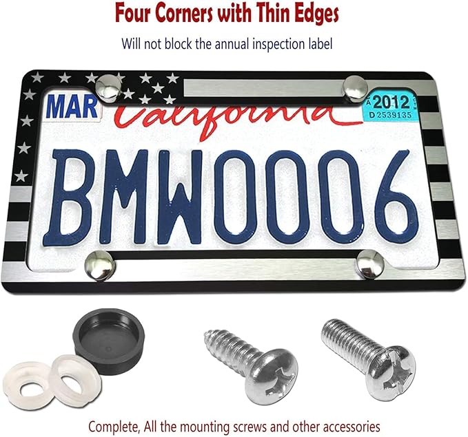 AOOTF American Flag License Plate Frame - USA Aluminum Metal License Plate Cover Auto Car Truck Tag Holder Thin Blue Line Black and White Stripes with Screws,Anti-Rattle Foam Pad