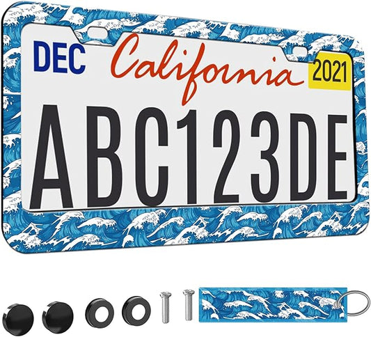 1pcs Blue Ocean Wave License Plate Frame for Women, Japanese Traditional Waves Print car Decorative tag Frames Girly Cute License Plate Cover Holder for Vehicle with Double Sided car Keychain tag