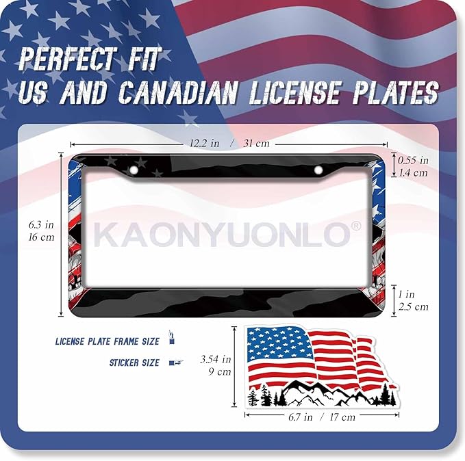 1PCS American Flag License Plate Frame Holder - USA Stars and Stripes Auto Universal Aluminum Matte Car Tag Holder Covers with Sticker & Screws for Men