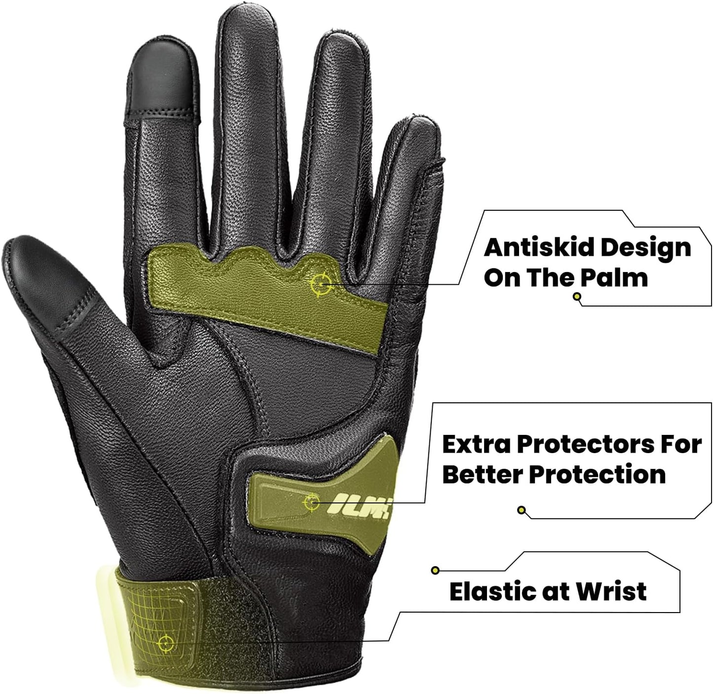 ILM Goatskin Leather Motorcycle Motorbike Powersports Racing Gloves Touchscreen for Men and Women Model DN01(M, Black Unperforated)