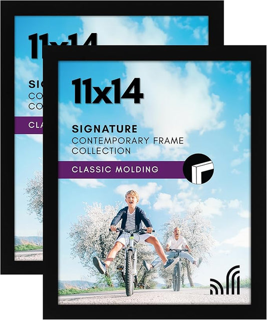 Americanflat 11x14 Picture Frame with Shatter-Resistant Glass - Set of 2 - Signature Collection - Gallery-Style Frames Made of Engineered Wood - Picture Frames for Wall Display - Black