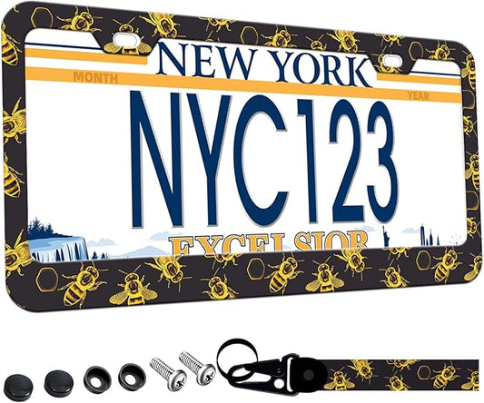 1-Pack Golden Honey Bee License Plate Frames for Women Man, 2 Holes Honey Bee Gold Aluminum License Plate Holder, Bee Themed License Plate Cover fits Vehicles with Keychain Wrist Lanyard