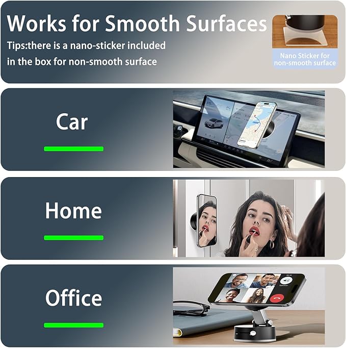 Vacuum Suction Magnetic Car Phone Holder Mount Fit All Phones,Adjustable Phone Holders for Your Car Home Office Smooth Surfaces,Metal Ring Stick Outside if Case Non-Magnetic