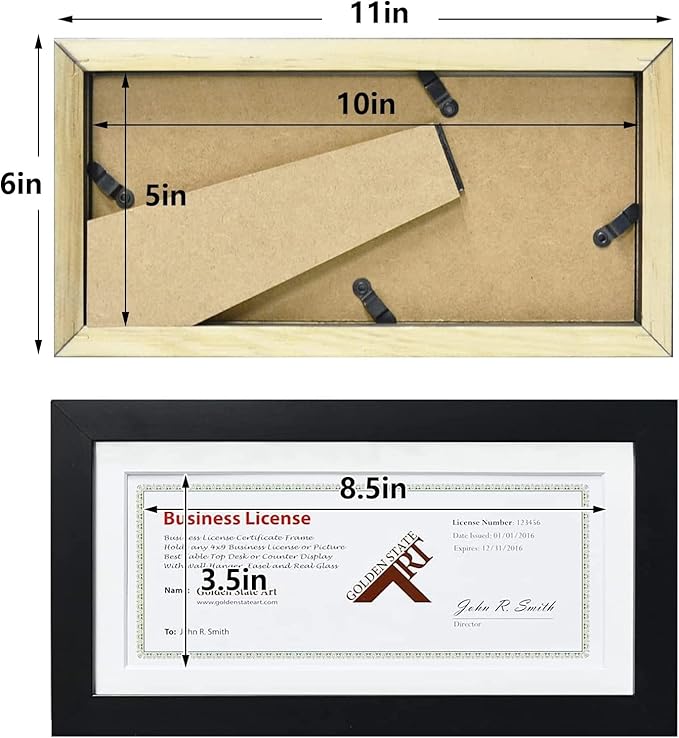 Golden State Art, 5x10 Wood Frame with Mat for 4x9 Business License Certificate with White Mat & Table-Top Display, Real Glass, Black, 10 Pack