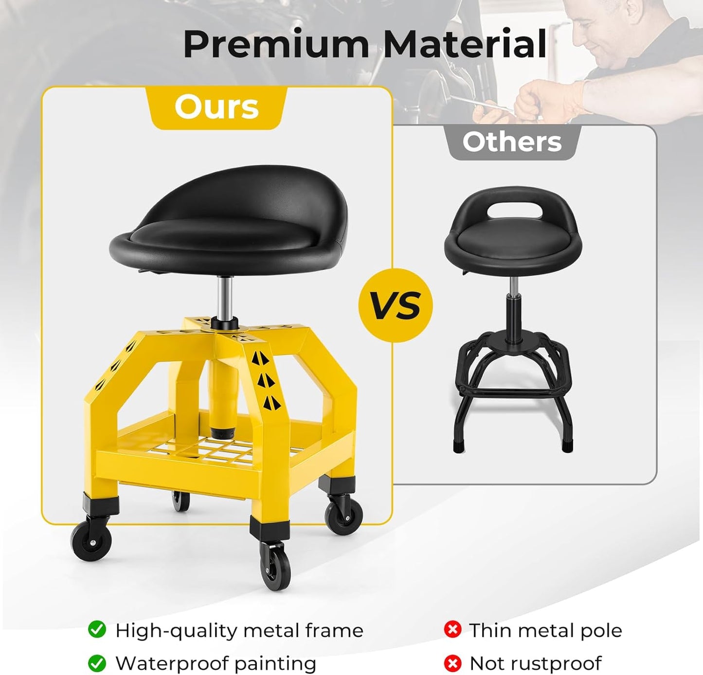 S AFSTAR Shop Stool with Wheels, Height Adjustable Garage Stool with 4 Universal Wheels & Tool Tray, 330 LBS Capacity, Heavy Duty Creeper Chair Seat Rolling Mechanic Stool for Garage Workshop (Yellow)