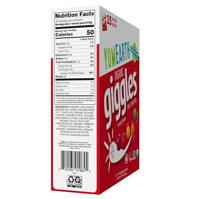 YumEarth Organic Giggles Chewy Candy – Allergy Friendly, No Artificial Dyes, Non GMO, Gluten Free, Fruit Flavored, Vegan Candy Snacks with No Artificial Flavors, 0.5 oz (Box of 15)