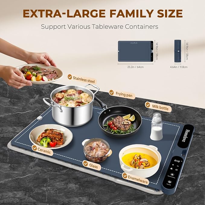 Homelove Food Warming Mat for Parties Buffet - Full Surface Fast Heating Electric Warming Tray with 7 Temp-Settings & 8H Timer, Portable Roll Up Food Warmer with Heat Insulation Pad XL-Navy