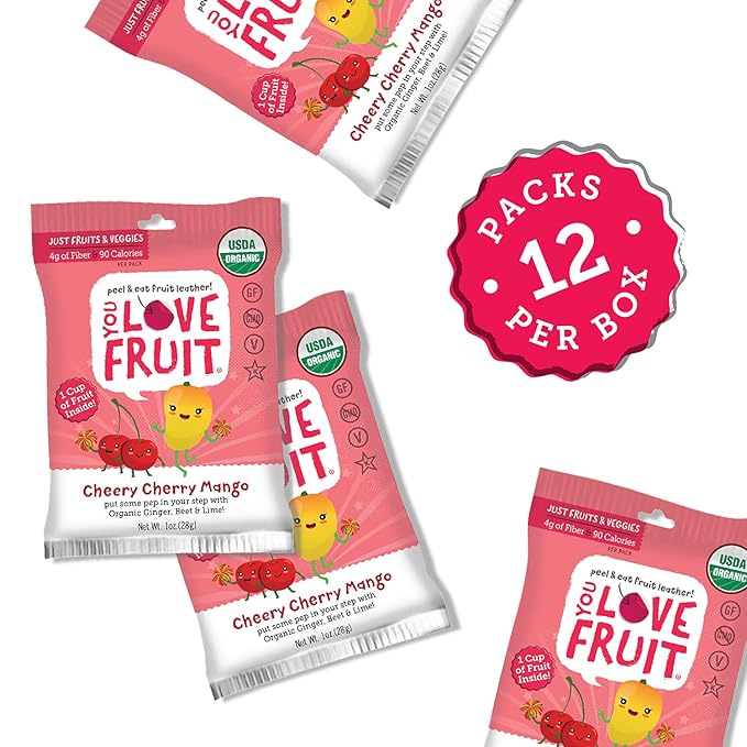 YOU LOVE FRUIT – CHEERY CHERRY MANGO All Natural Fruit Snacks, Healthy Snack Pack, Real Fruit! Gluten Free, Non GMO, Vegan, Fiber packed, Low Fat, Kosher, Variety Pack, Great For Adding To Gift Box, 1.0 oz (Pack of 12)