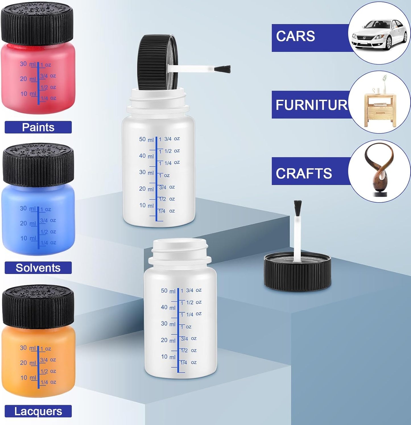 Maxcheck 60 Pcs Touch up Paint Bottles with Applicator Brush and Lids 2 oz and 1 oz Liquid Capacity Plastic Leftover Touch up Paint Container with Mixing Ball for Fixing Wall Stone Chip Car Surface