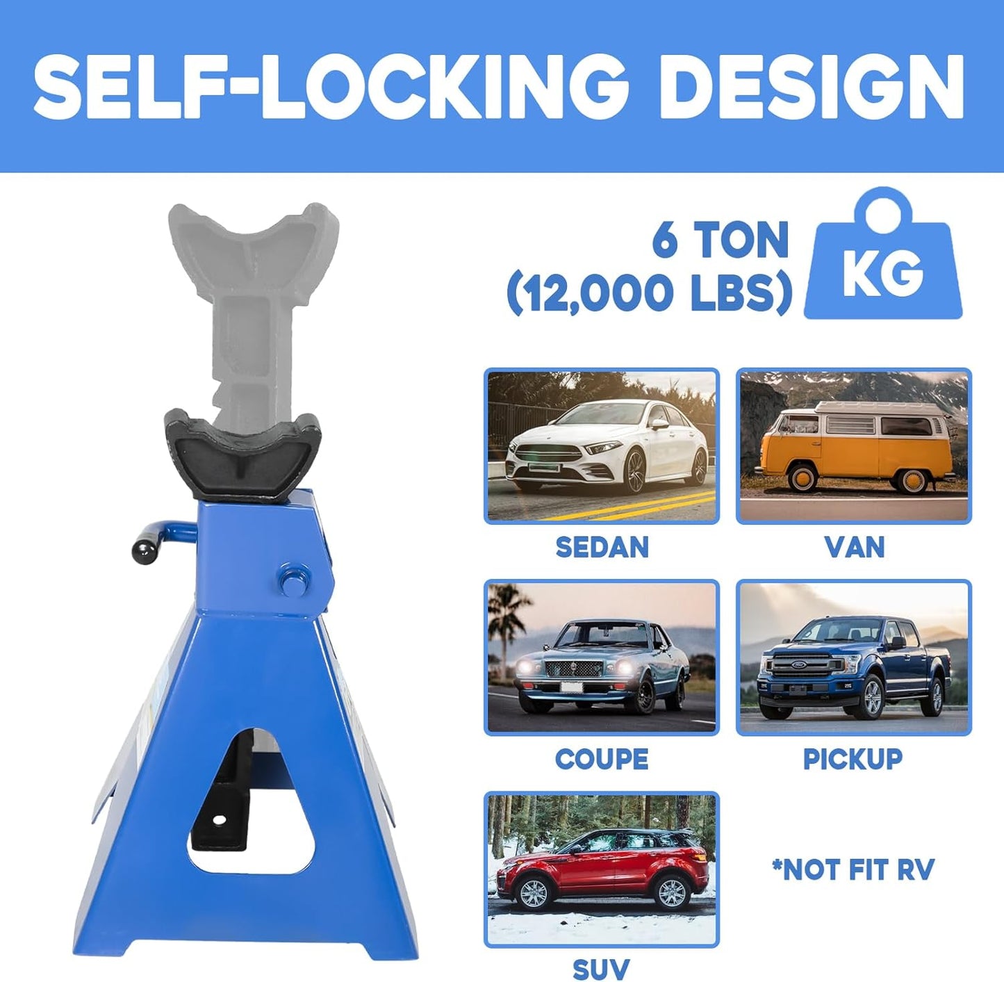 6 Ton (12,000 LBs) Automotive Jack Stands,Heavy Duty Steel Car Lifting Stand for Garages,Repair Shops,Adjustable Height 14.6"- 24",1 Pair