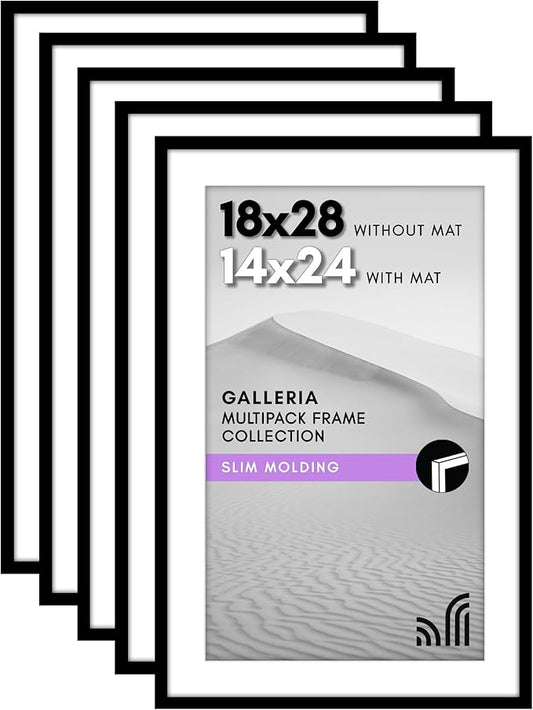 Americanflat 18x28 Picture Frame with Polished Plexiglass - Set of 5 - Use as 14x24 Frame with Mat or Display 18x28 Photo Without Mat - Galleria Collection - Picture Frames for Wall Display - Black