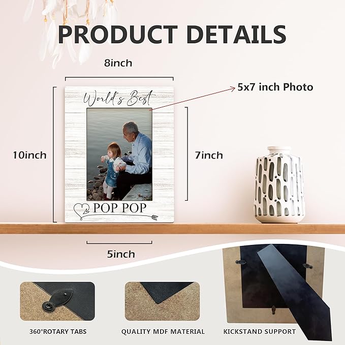 Fathers Day Pop Pop Picture Frames - Grandpa Photo Frame, Grandpa PopPop Gifts for Father's Day Birthday from Grandkids Grandchildren, World's Best PopPop Picture Photo Frames for Home Bedroom Decor, 5x7